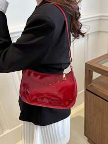 Minimalist Solid Color Glossy Shoulder Bag - Burgundy - View 1