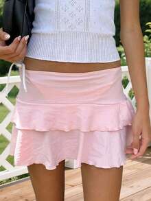 Layered Ruffle Mini Skirt For Women Summer Dots/Stripe/Heart Print/Solid Color High Waist Short Skirts - 藕粉色 - 查看 5