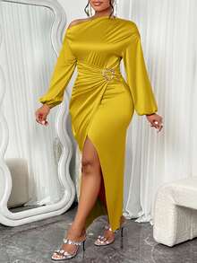 BIUBIU Women's Plus Size Elegant Ladies High Elasticity Satin Solid Color Asymmetric Ruched Collar,Long Sleeves, Metal Button Detail, High Slit Long Dress For Party,Wedding Anniversary, Valentines Day Date, Birthday Party - 黃色 - 查看 3
