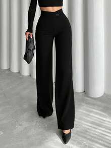 Pantalones rectos casuales y elegantes para mujer, un elemento esencial para volver a la escuela. La cintura asimétrica en V acentúa las curvas, adecuado para uso diario, oficina, citas, vacaciones y talla grande. - Negro - Ver 9