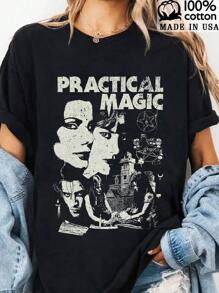 Camiseta con estampado gráfico, manga corta, cuello redondo, informal, para verano y primavera, ropa de mujer