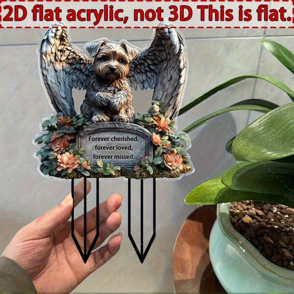 1 pieza Placa conmemorativa de acrílico vintage del Yorkshire Terrier con alas de ángel y diseño floral - Grabado "Siempre Apreciado" Regalo por pérdida de mascota, Estaca para tumba del Día de la Madre, Decoración de jardín para maceta, Regalo conmemorativo de mascota | Estilo retro | Placa de acrílico, Conmemoración de perro, 2D plano, Estilo aleatorio