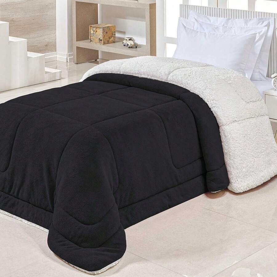 COBERDRON SHERPA DUPLA FACE QUENTE SOLTEIRÃO ESPECIAL TAMANHO GRANDE - Preto - Visão 1