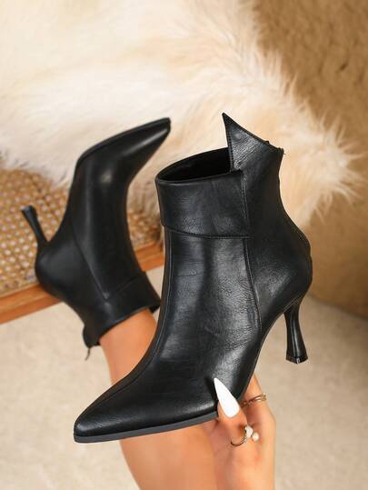 Botas femininas de salto agulha com bico fino, couro macio, zíper traseiro, cor sólida, outono/inverno, elegantes, salto gatinho