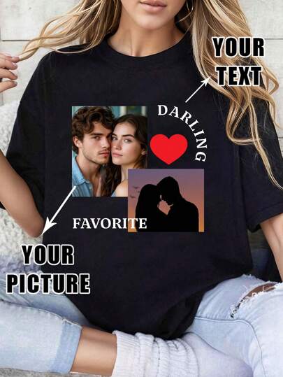 Customized Personalized Women's Picture Plus Size T-Shirt, Enter Your Text/Blessings/Funny Text, Upload Your Photo/Group Photo/Lover/Best Friend/Pet/Scenery, Black T-Shirt, Valentine's Day Clothing, Holiday Gifts, Anniversary Gifts, Ideal Gifts Personalized For Her Family, Girlfriend, Friends.