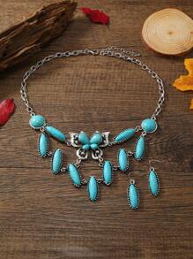3 件波西米亚风格首饰套装 - 银色合金项链和绿松石耳环 - 女士复古波西米亚风格配饰，海滩度假
