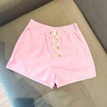 Women's Short Linen Shorts With Elastic Waistband - 粉色 - 查看 2