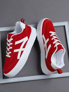 男士时尚高端简约纯色系带休闲运动鞋，百搭日常户外通勤舒适红色步行鞋 - 紅色 - 查看 1