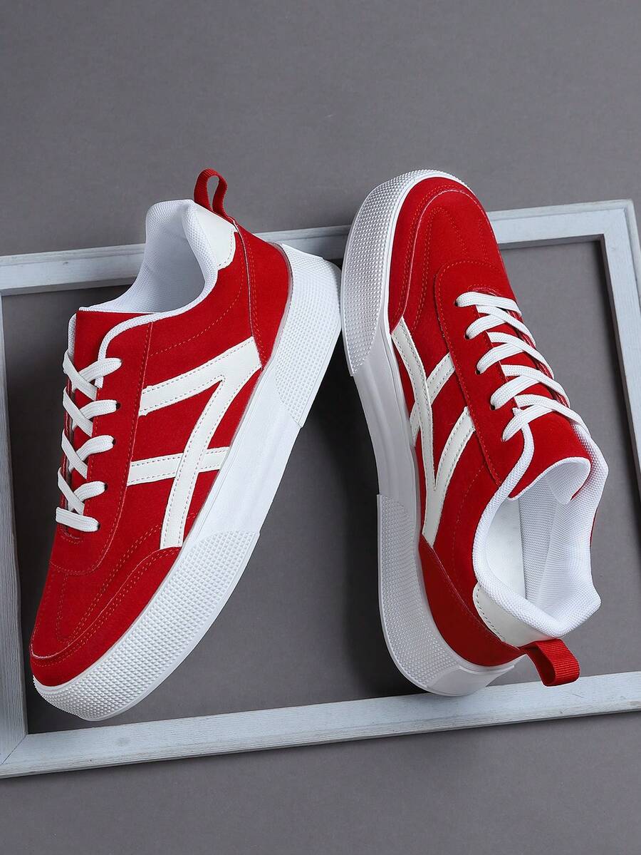 男士时尚高端简约纯色系带休闲运动鞋，百搭日常户外通勤舒适红色步行鞋 - 紅色 - 查看 1