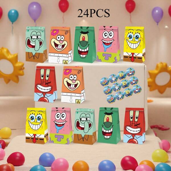 SPONGEBOB 12/24/36pcs SpongeBob Themed Creative Cartoon Gift Bags + Stickers + Party Glasses, Suitable For Gift Wrapping, Birthday, Party, Holiday Decoration, Perfect Choice For Family And Friends