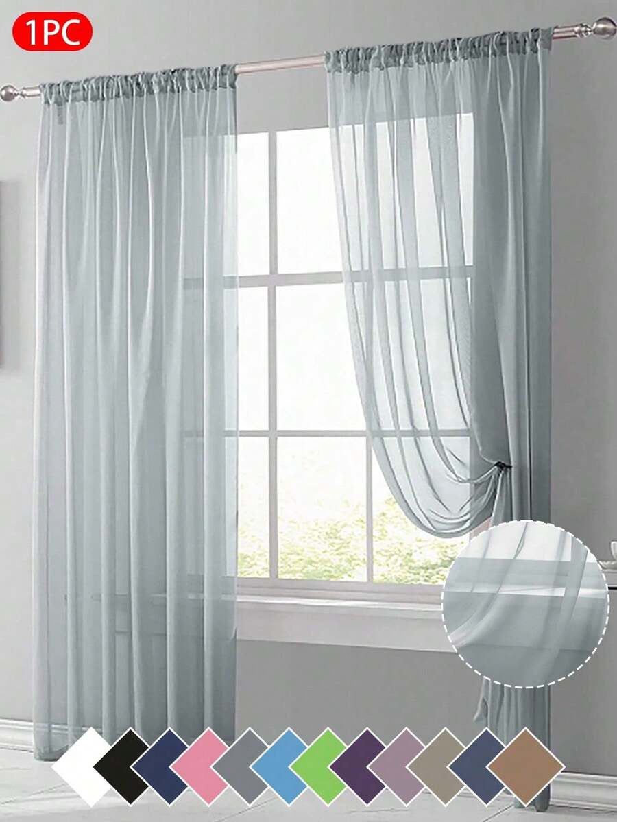 1pc Sheer Voile Curtain, Lightweight Translucent Fabric For Sun Shading, Heat Insulation And Light Filtering, With Rod Pocket Top Design, Suitable For Living Room, Bedroom, Balcony Decoration, Autumn - Grey - View 1
