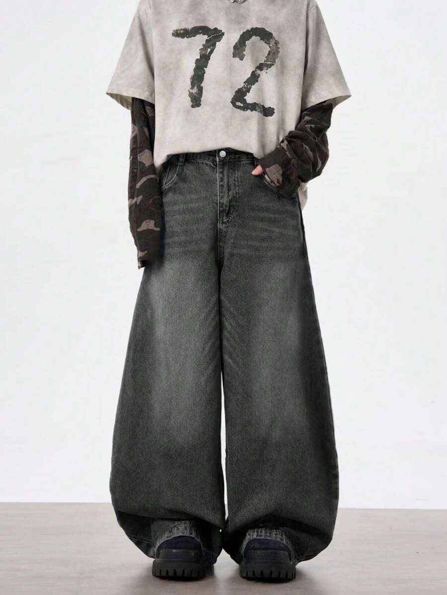 1 件休闲高街宽松做旧阔腿男式牛仔裤，emo 风格，垃圾摇滚