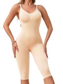 无缝连体女士塑身衣，含 3/4 紧身裤 - 米色 - 查看 3