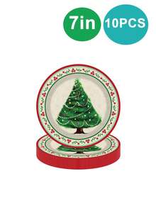 10pcs Christmas Party Disposable Tableware Set, Christmas Tree Disposable Tableware Includes: Paper Plate, Dessert Plate And Napkin, Perfect For Christmas Party Decoration