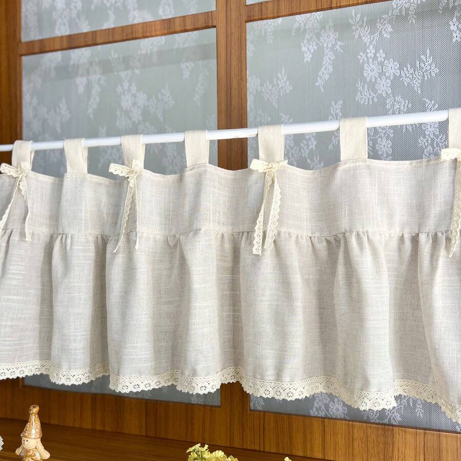 1pc Retro French Country Style Beige Curtain With Lace Trim Light-Filtering Design Cafe Curtain Valance For Living Room Kitchen Dining Room Living Room - Beige - View 1