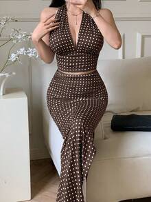 abyoxi ABYOXI Autumn New Product Brown Polka Dots Sexy Deep V-Neck Bareback Strap Short Tank Top And Slim Fold Side Seam Long Dress, Fashionable Two Pieces Set