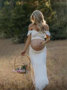 JustVH Maternity Off Shoulder Ruched Twist Fron Crop Top & Ruffles Skirt 2-Pieces-Set For Photoshoot, Baby Shower - Beige - View 1