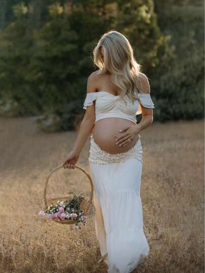 JustVH Gravidklänning med bara axlar, rynkad, twist-front och kjol med volanger, 2-delat set för fotografering och babyshower