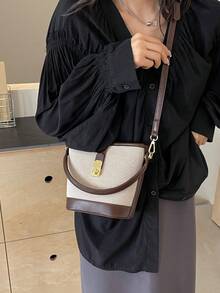 1pc Fashion Color Block Canvas Patchwork Buckle Strap Handbag With Detachable Shoulder Strap - Multicolor - View 4