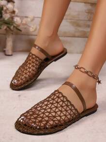 新款欧美风格后绑带渔网平底凉鞋，镂空舒适女士沙滩拖鞋