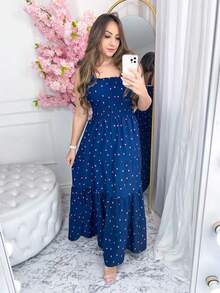 Long Dress With Elastic Straps / Crepe Polka Dot / 94% Polyester, 6% Elastane - 藏蓝色 - 查看 4