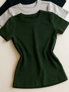 Kit 3 Short Sleeve Ribbed Blouses For Women, Basic, Elegant, Summer - Black/Gray/Green - View 3