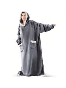 150厘米超长法兰绒毯防寒睡袍睡衣袖冬季连帽衫运动衫女士男士套头衫羊毛大衣 - 灰色 - 查看 2