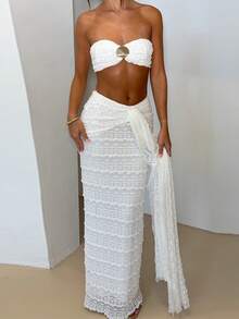 Women Summer Outfits Cute Shells Crop Bandeau Tops And Elastic Tie Front Skirt Set For Streetwear Aesthetic Clothes - 白色 - 查看 1