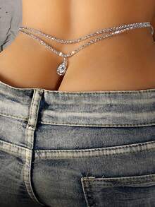 1件时尚水滴吊坠双层腰链，镶嵌水钻简约性感金属身体链，适合女性，派对造型 - 銀色 - 查看 2