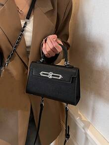 高级简约风格纯色女士手提包，时尚简约可调节肩带斜挎包，优雅五金锁扣单肩托特包，锁扣多功能轻便斜挎包 - 黑色 - 查看 3