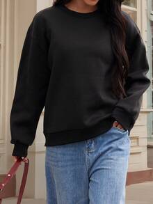 休闲纯色圆领长袖女式卫衣，宽松舒适，适合居家、日常穿着，秋冬季节百搭男女通用运动套头衫，黑色 - 黑色 - 查看 1