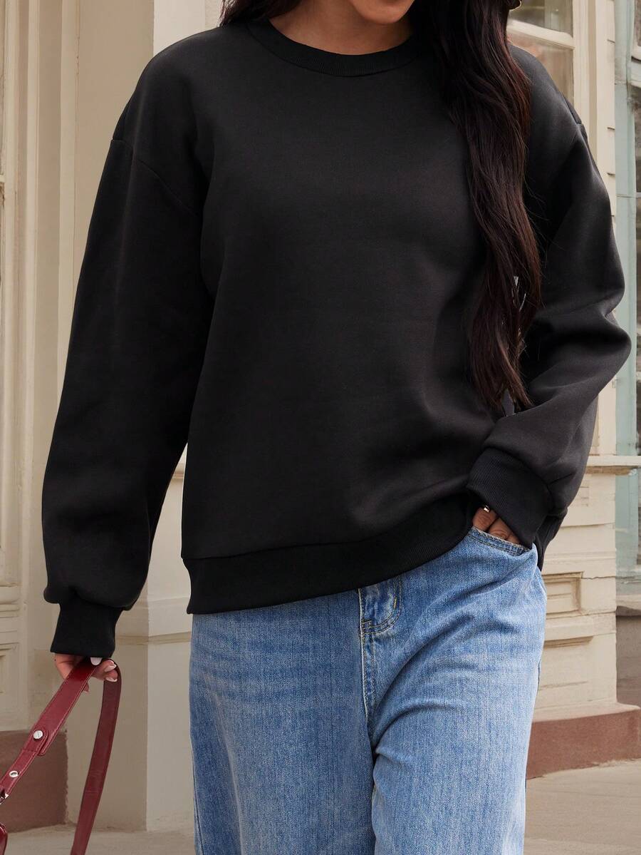 休闲纯色圆领长袖女式卫衣，宽松舒适，适合居家、日常穿着，秋冬季节百搭男女通用运动套头衫，黑色 - 黑色 - 查看 1