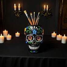 Portamatite a forma di teschio messicano di zucchero - Decorazioni per il Giorno dei Morti e Ognissanti, portamatite dipinto dall'artista, decorazioni per l'altare, organizer da scrivania creativo, regali per artisti e amanti della cultura
