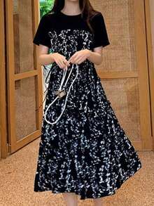 Fake dos piezas versión coreana del vestido floral de verano de moda femenina suelta empalme delgado en la sección larga de manga corta pequeño vestido negro sub - Negro - Ver 6