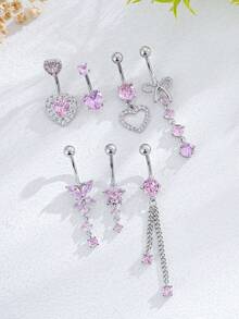 7 PCS Pink Butterfly, Flower, Heart Shaped Stainless Steel Navel Rings, Piercing Jewelry Suitable For Daily Wear - Belly ring - View 3