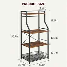 Techigher Kitchen Bakers Rack,Microwave Oven Stand,4-Tier Kitchen Storage Shelf Rack,Industrial Coffee Bar Station With Large Wire Basket,8 Hooks For Spice Pots Organizer - Brown - View 3