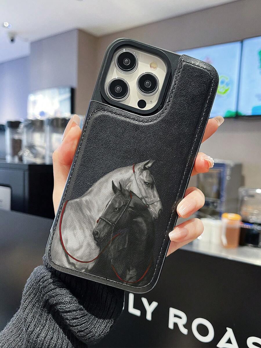 Horse Pattern Upscale And Fashionable Snap Button Card Bag Phone Case, Anti Fall And Shockproof, Birthday Or Festival Gift For Men And Women For IPhone 16 15 14 13 12 11 XS XR X 7 8 Plus Pro Max SE - 黑色 - 查看 1