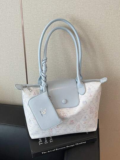 حقيبة كتف كبيرة السعة بطباعة كرتونية لطيفة بألوان باستيل لطلاب الجامعة