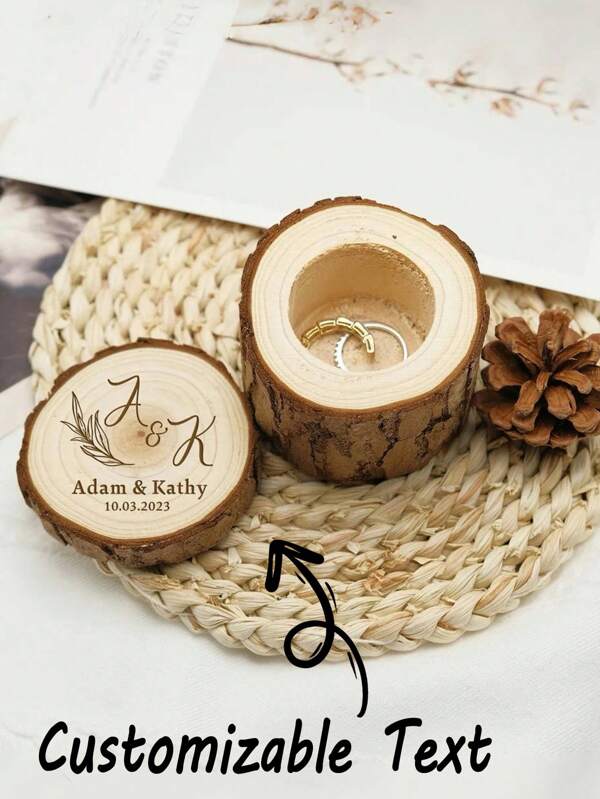 1pc Personalized Wooden Ring Box, Customized Round Engagement Ring Box, Customized Wedding Accessories, Wedding Ring Box, Wedding Gift For Newlyweds