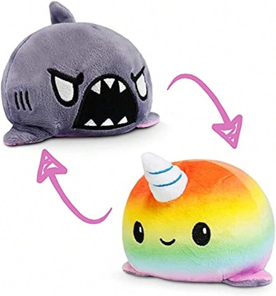 TeeTurtle - The Original Reversible Shark Plushie - Blue - Cute Sensory Fidget Stuffed Animals That Show Your Mood - 灰鯊+彩虹獨角鯨 - 查看 1