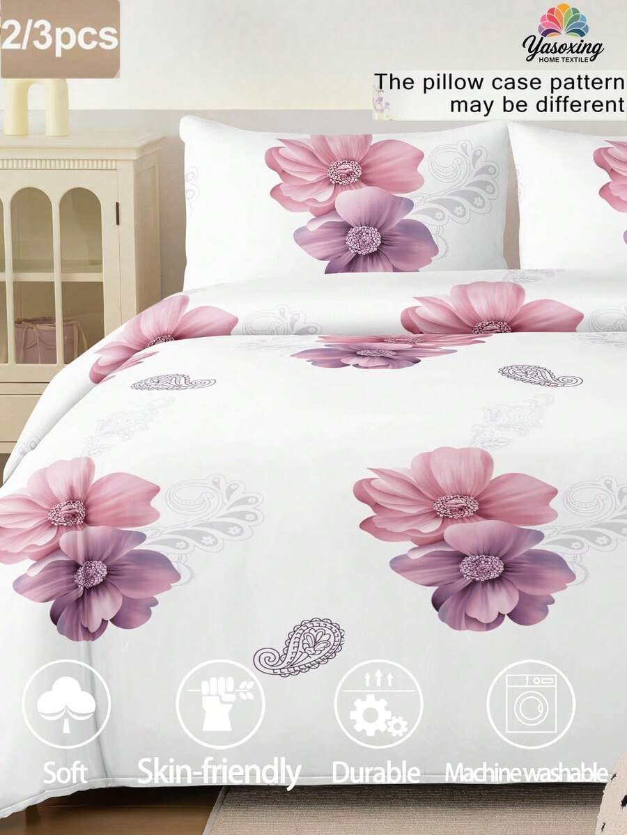 2/3件套白色佩斯利玫瑰花卉图案被套套装，柔软超细纤维材质，透气抗皱，奢华酒店风格，馈赠父母及朋友，包含被套*1，枕套*1/2，可选尺寸：特大号、大号、标准大号、单人床 - 白色 - 查看 1