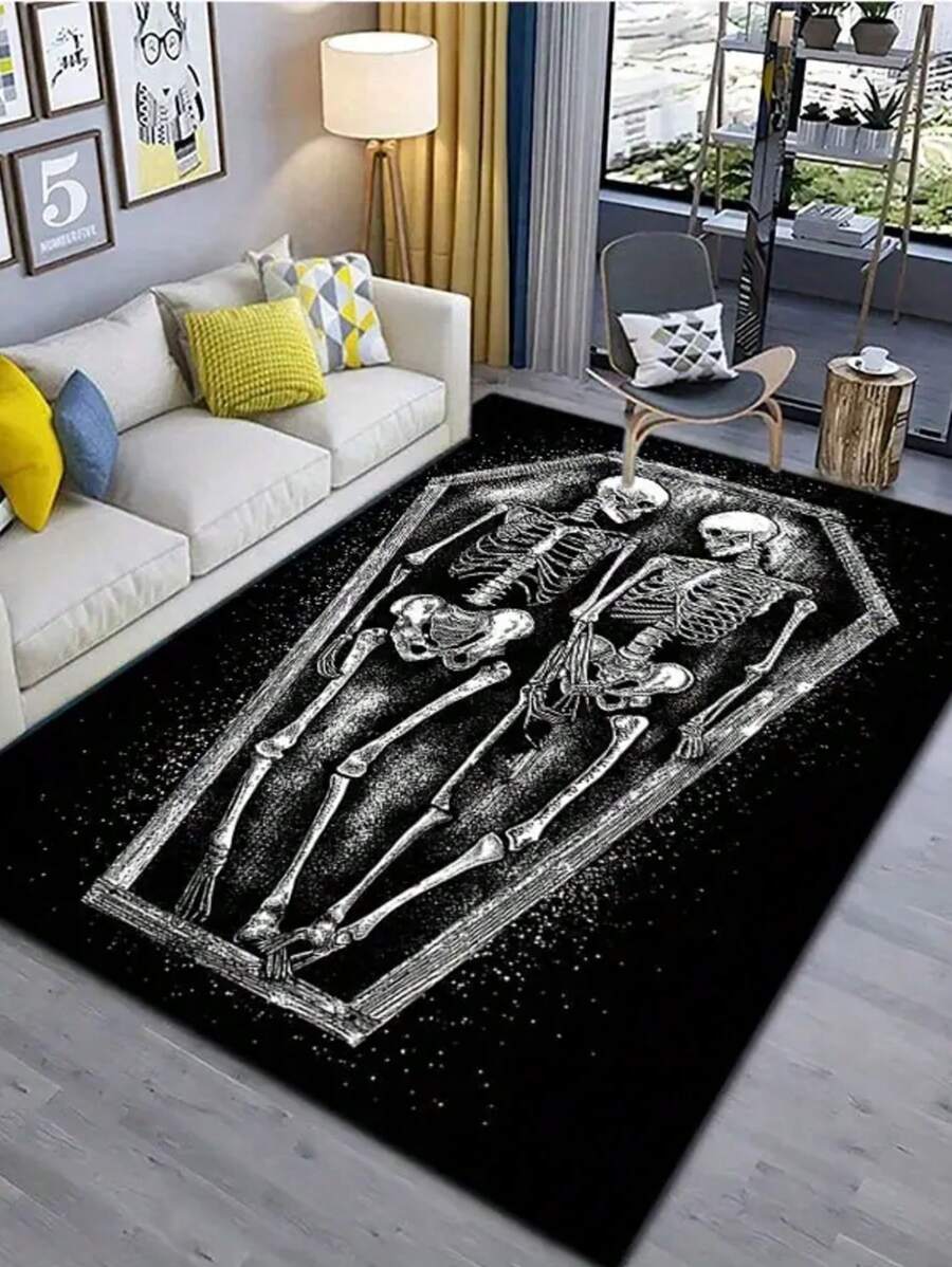 1pc Dark Gothic Skull Coffin Carpet, Halloween Gothic Style Carpet, Halloween Carpet, Plush Carpet, Living Room Carpet, Area Rug, Room Decor, Large Living Room Carpet, Home Decor, Washable Carpet