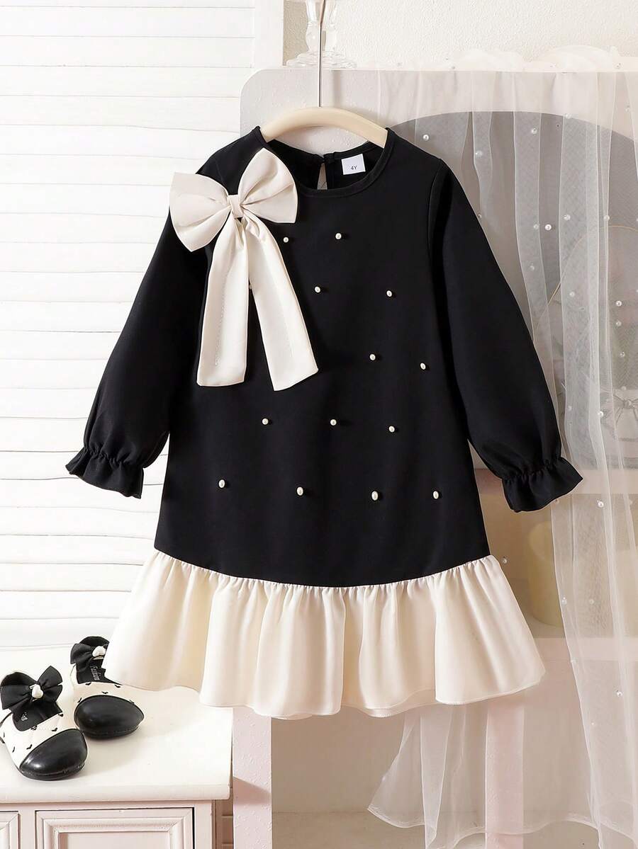 Young Girl' Elegant Bow Embroidered Rhinestone Decor Dress, Spring & Autumn - Black - View 1