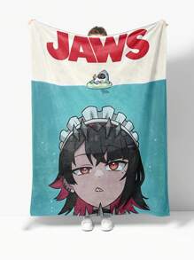 1 件柔软舒适的 Zenless Zone Zero 主题法兰绒毛毯 - 超级柔软温暖，适合所有季节、沙发和床，可机洗，带有“JAWS”文字的卡通人物设计，混合颜色，非常适合床上用品