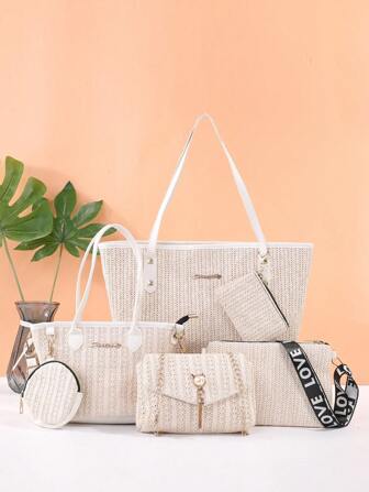 Women's Composite Bag, New Fashion Tote Bag Set, Simple And Popular, Women's Shoulder Bag, Versatile Handbag, Straw Material, Embroidered Fox Pearl Pendant Crossbody Bag
