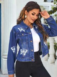 Chamarra mezclilla dama mujer corta crop mariposas estampado dia noche casual formal trabajo oficina juvenil moderna femenina trendy original Surprise Jeans - Azul - Ver 3