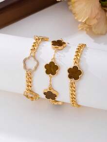 Bộ 3 vòng tay chuỗi hạt đính đá hình cỏ ba lá nâu cho nữ - màu nâu - Xem 3