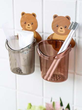 1 件爱心熊形牙刷架带排水口 - 壁挂式，浴室多功能牙膏牙刷容器，浴室配件，家居装饰，非常适合浴室整理壁挂式牙刷收纳架，无线浴室收纳架家居浴室装饰夏季返校