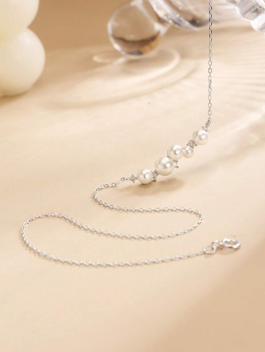 1 件 S925 纯银项链，带珍珠、锆石排列、优雅锁骨链，适合女性的多功能珠宝礼物，适合订婚、婚礼、母亲节、女朋友 - 銀色 - 查看 1