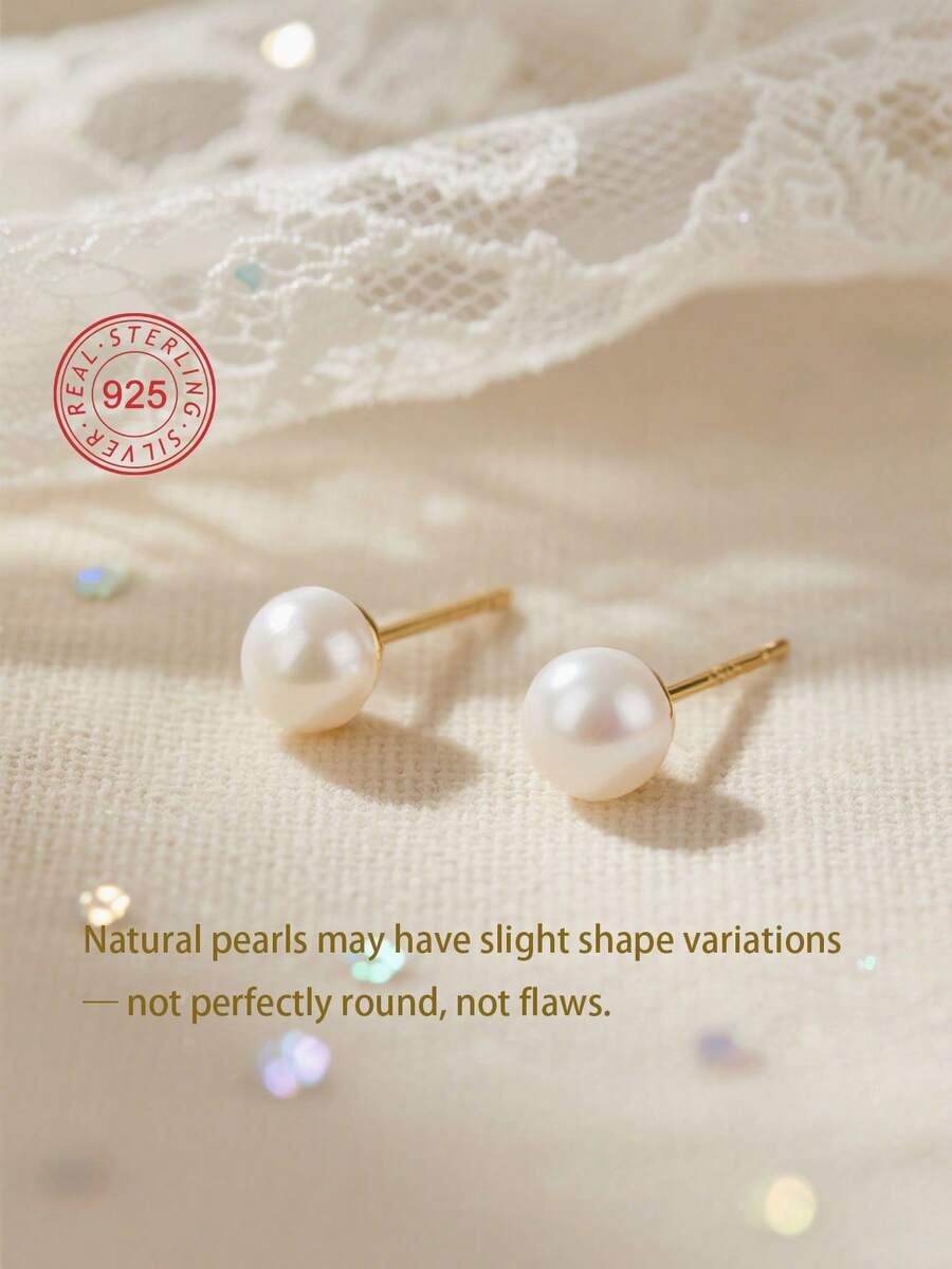 Artepollo 1 Pair 925 Sterling Silver Hypoallergenic Natural Pearl Stud Earrings, Gift Box, Cute & Elegant, Suitable For Daily Or Holiday Wear, Gift For Girls, Friends, Back To School - Gold - View 1